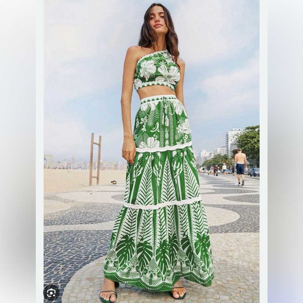 FARM Rio Green and White Tropical Two-Piece Maxi Set